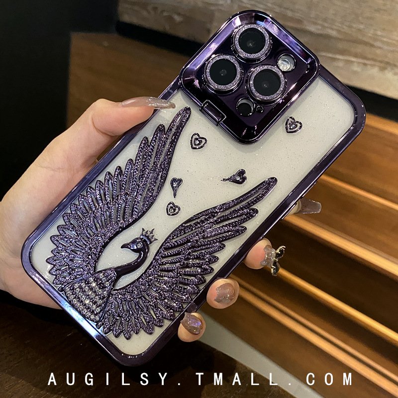 Luxury Glitter Diamond Swan Mobile Phone Case For iPhone 15 14 13 12 11 Pro Max Transparent Glass Lens Holder Protect Back Cover