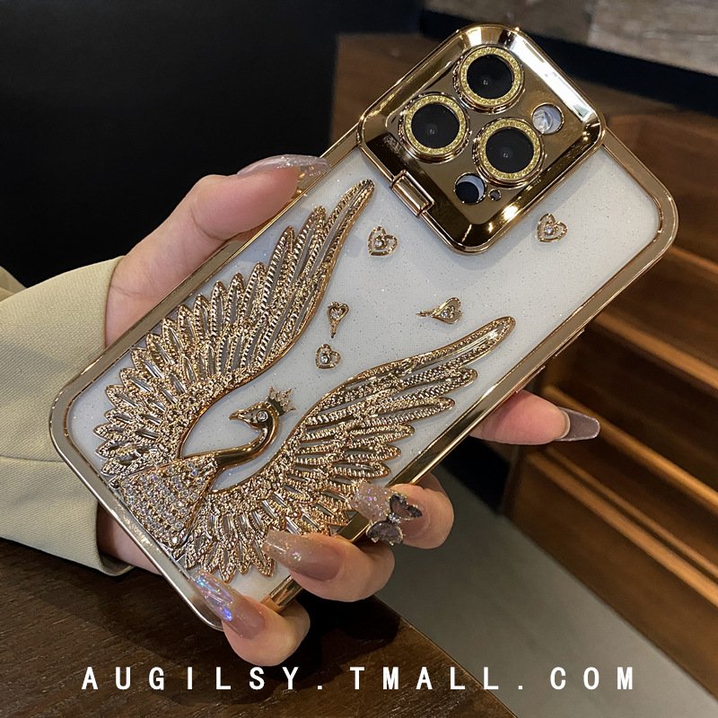 Luxury Glitter Diamond Swan Mobile Phone Case For iPhone 15 14 13 12 11 Pro Max Transparent Glass Lens Holder Protect Back Cover