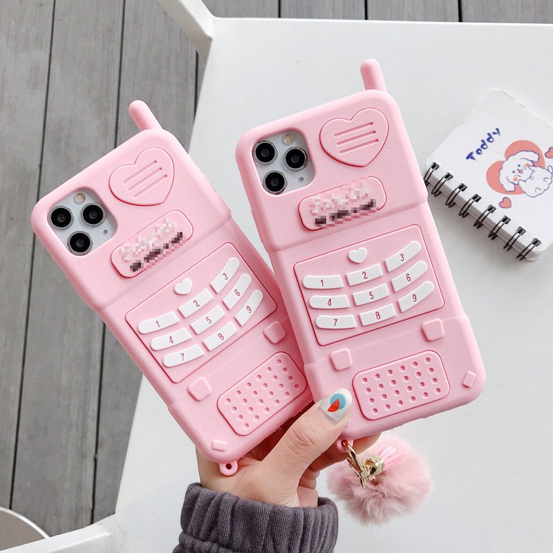 Hot Sale 3D Cartoon Old Mobile Phone Design Pink Phone Case for iPhone 14 Girl Cute Soft Cover for iPhone 13 12 11 XS X XR MAX