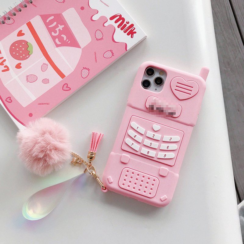 Hot Sale 3D Cartoon Old Mobile Phone Design Pink Phone Case for iPhone 14 Girl Cute Soft Cover for iPhone 13 12 11 XS X XR MAX