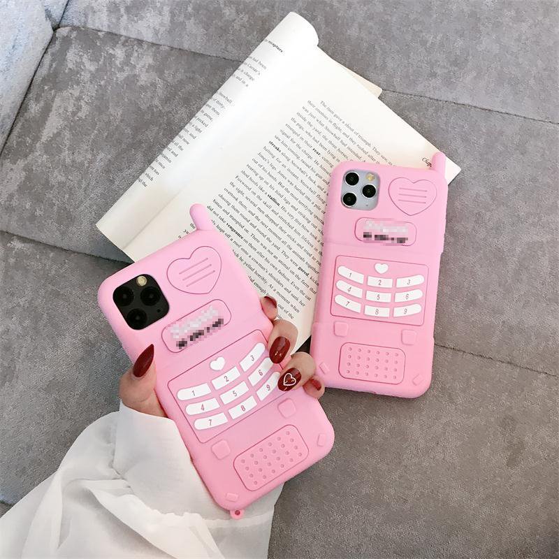 Hot Sale 3D Cartoon Old Mobile Phone Design Pink Phone Case for iPhone 14 Girl Cute Soft Cover for iPhone 13 12 11 XS X XR MAX