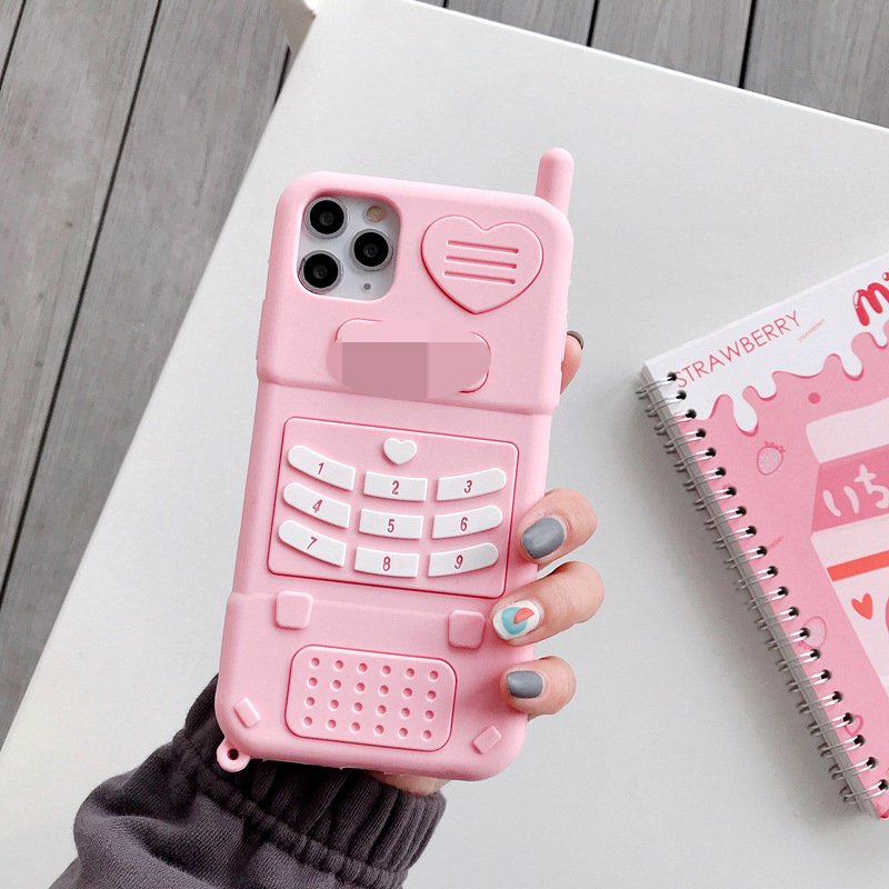 Hot Sale 3D Cartoon Old Mobile Phone Design Pink Phone Case for iPhone 14 Girl Cute Soft Cover for iPhone 13 12 11 XS X XR MAX