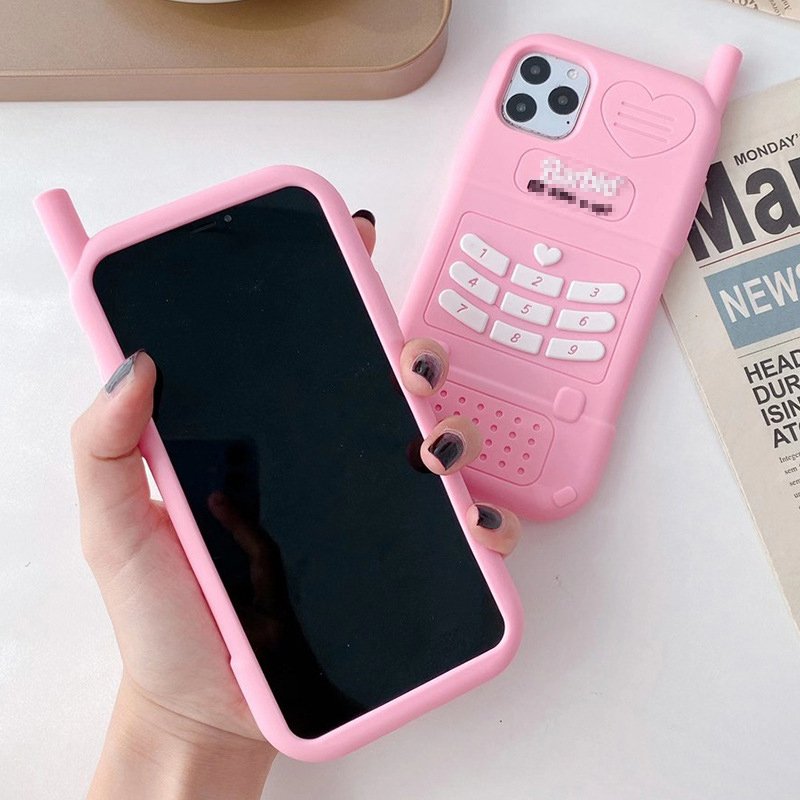 Hot Sale 3D Cartoon Old Mobile Phone Design Pink Phone Case for iPhone 14 Girl Cute Soft Cover for iPhone 13 12 11 XS X XR MAX