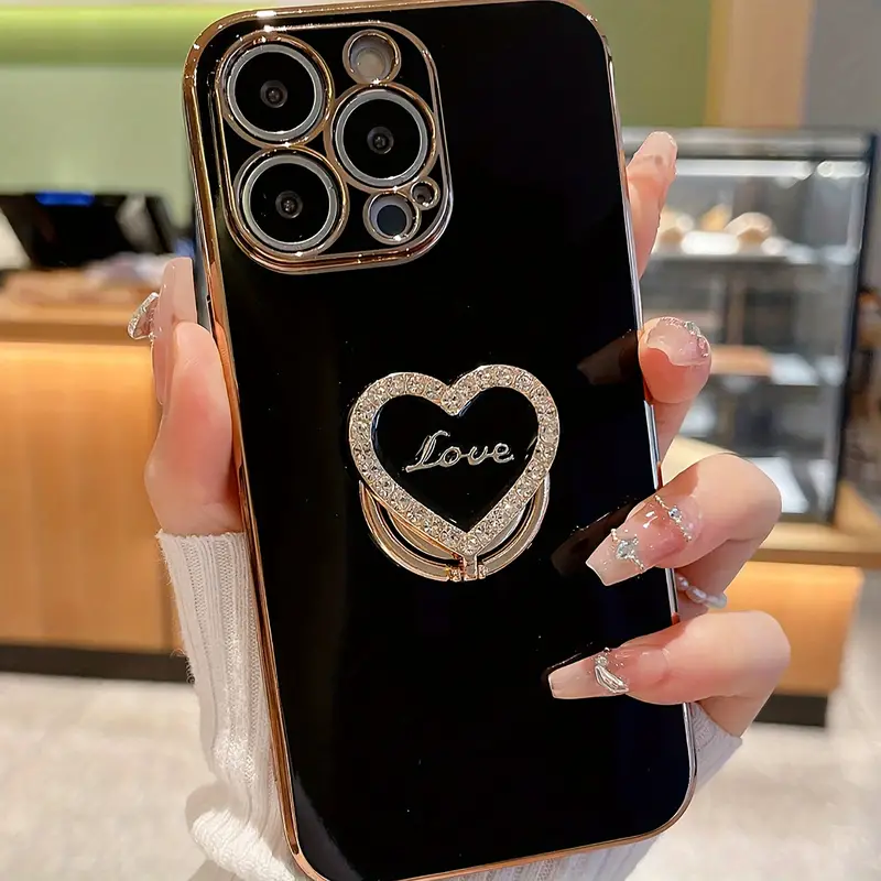 New plating Metal Folding Rotating Diamond love heart Stand Phone Case For Iphone 16 15 14 13 11Pro Max luxury Anti-fall Cover
