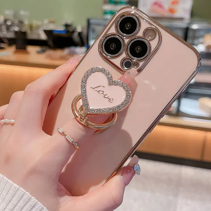 New plating Metal Folding Rotating Diamond love heart Stand Phone Case For Iphone 16 15 14 13 11Pro Max luxury Anti-fall Cover