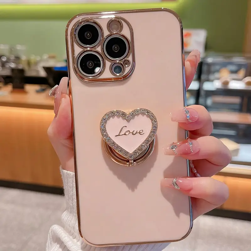 New plating Metal Folding Rotating Diamond love heart Stand Phone Case For Iphone 16 15 14 13 11Pro Max luxury Anti-fall Cover