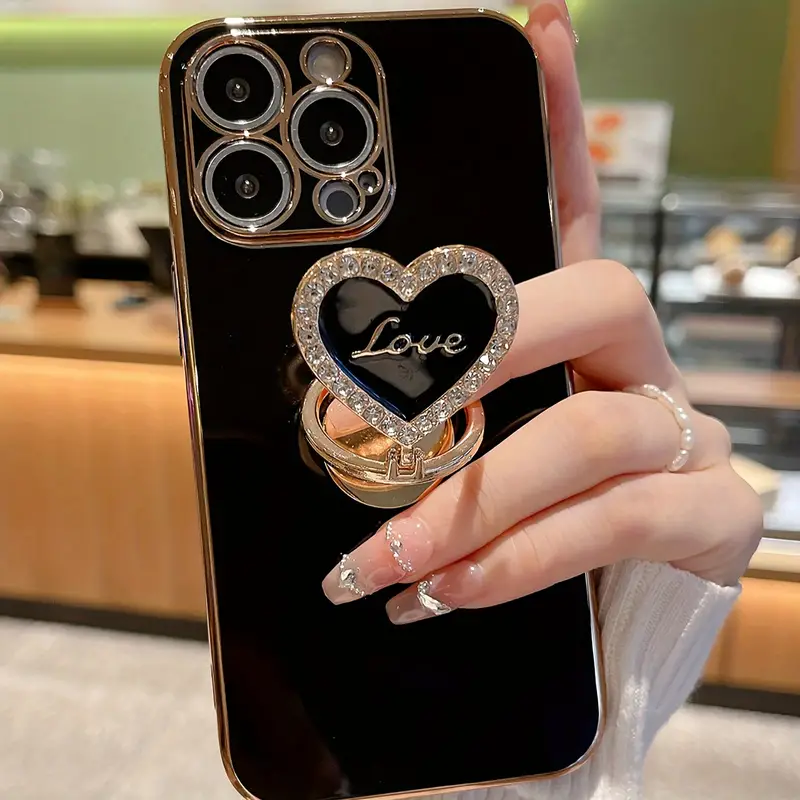 New plating Metal Folding Rotating Diamond love heart Stand Phone Case For Iphone 16 15 14 13 11Pro Max luxury Anti-fall Cover