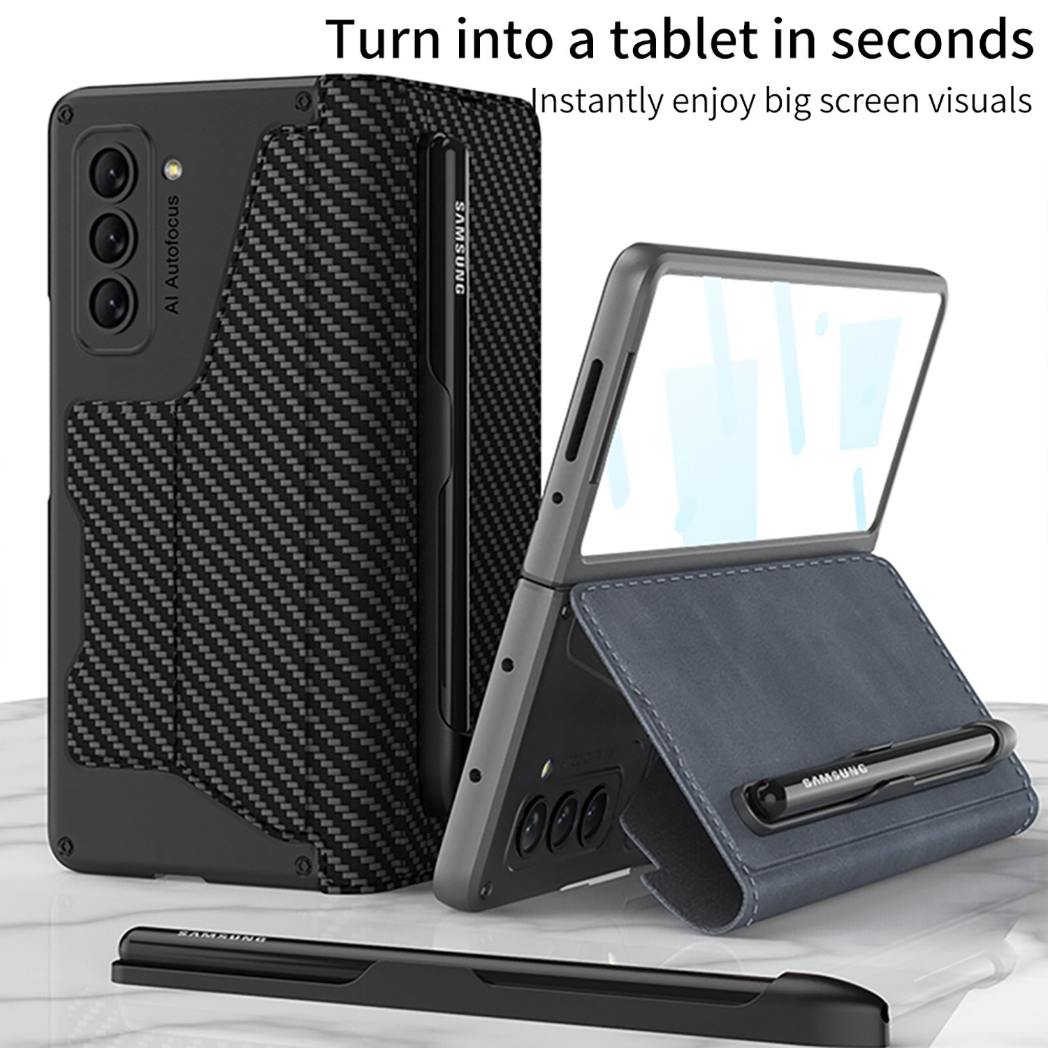 For Samsung Z Fold5 Fold4 Fold3 series Armor PU Leather Business Mobile Phone Cases with Pen slot with Tempered glasses