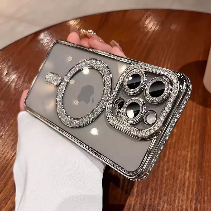 New Electroplating magnetic transparent Phone Case for iPhone11 12 13 14 15 16 promax Luxury Rhinestone border phone accessories
