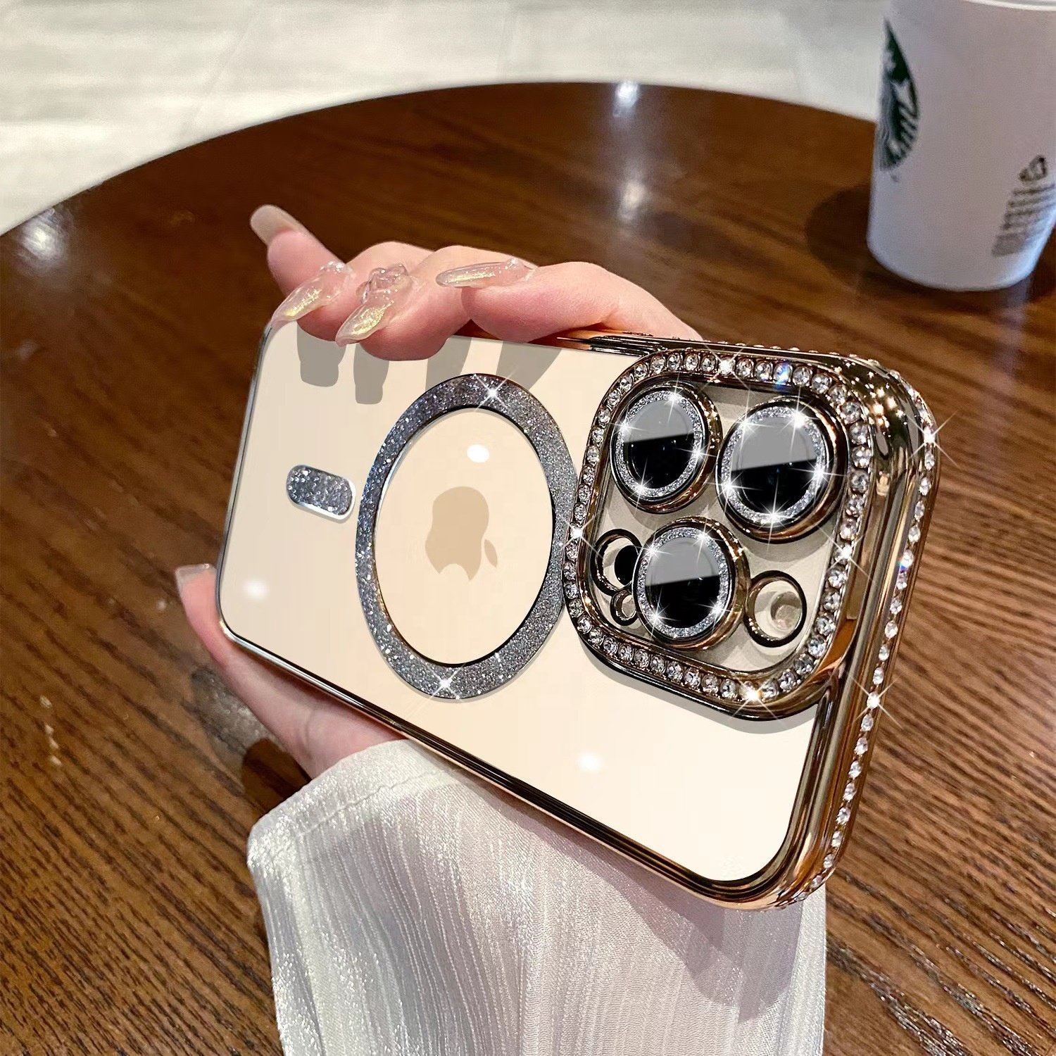 New Electroplating magnetic transparent Phone Case for iPhone11 12 13 14 15 16 promax Luxury Rhinestone border phone accessories