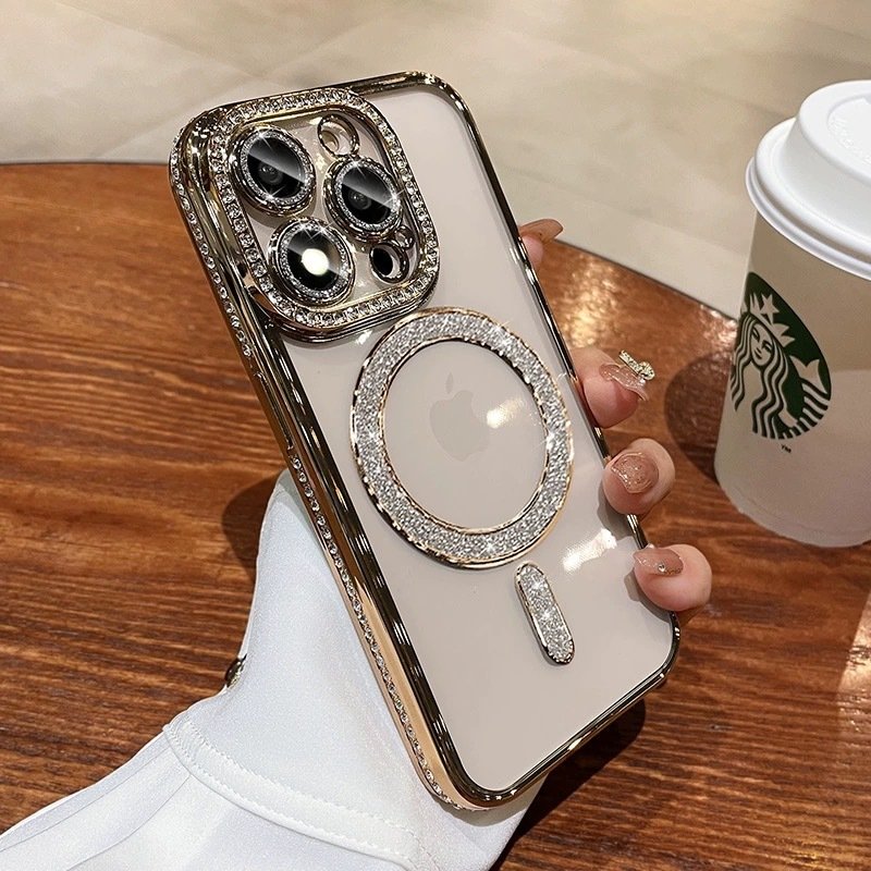 New Electroplating magnetic transparent Phone Case for iPhone11 12 13 14 15 16 promax Luxury Rhinestone border phone accessories