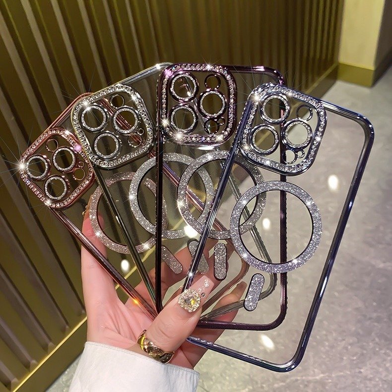 New Electroplating magnetic transparent Phone Case for iPhone11 12 13 14 15 16 promax Luxury Rhinestone border phone accessories