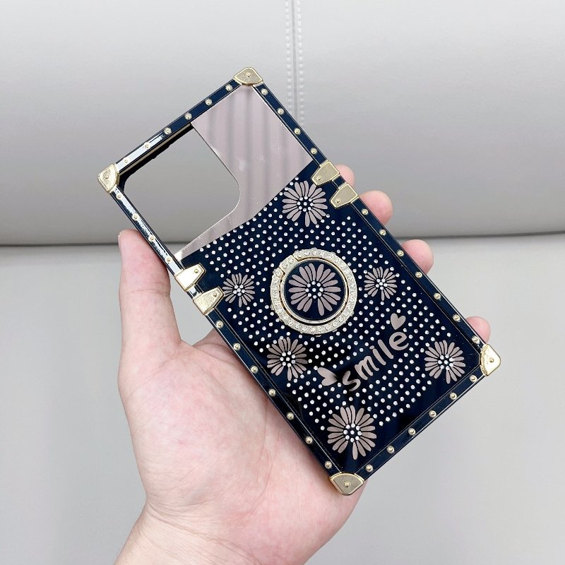 bling bling diamond square ring finger removing makeup light up mirror with holder young girls mobile phone cases