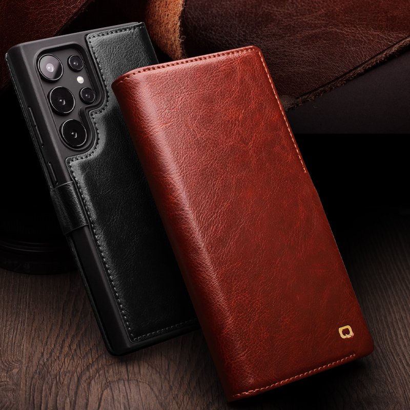 2024 QIALINO Hotsale Luxury Handmade Genuine Leather Mobile Phone Wallet Case For Samsung S24 ultra Magnetic closure