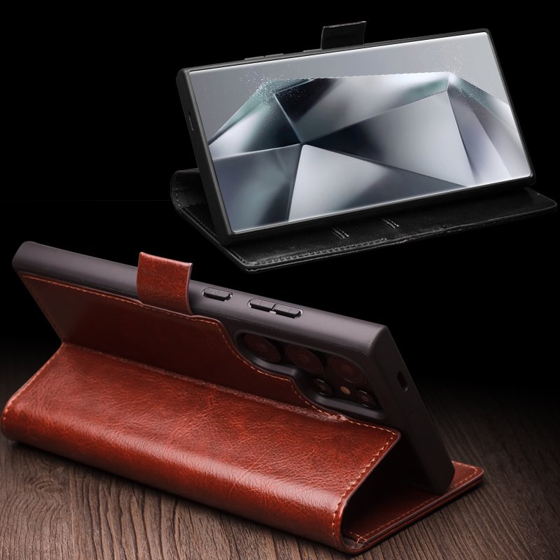 2024 QIALINO Hotsale Luxury Handmade Genuine Leather Mobile Phone Wallet Case For Samsung S24 ultra Magnetic closure