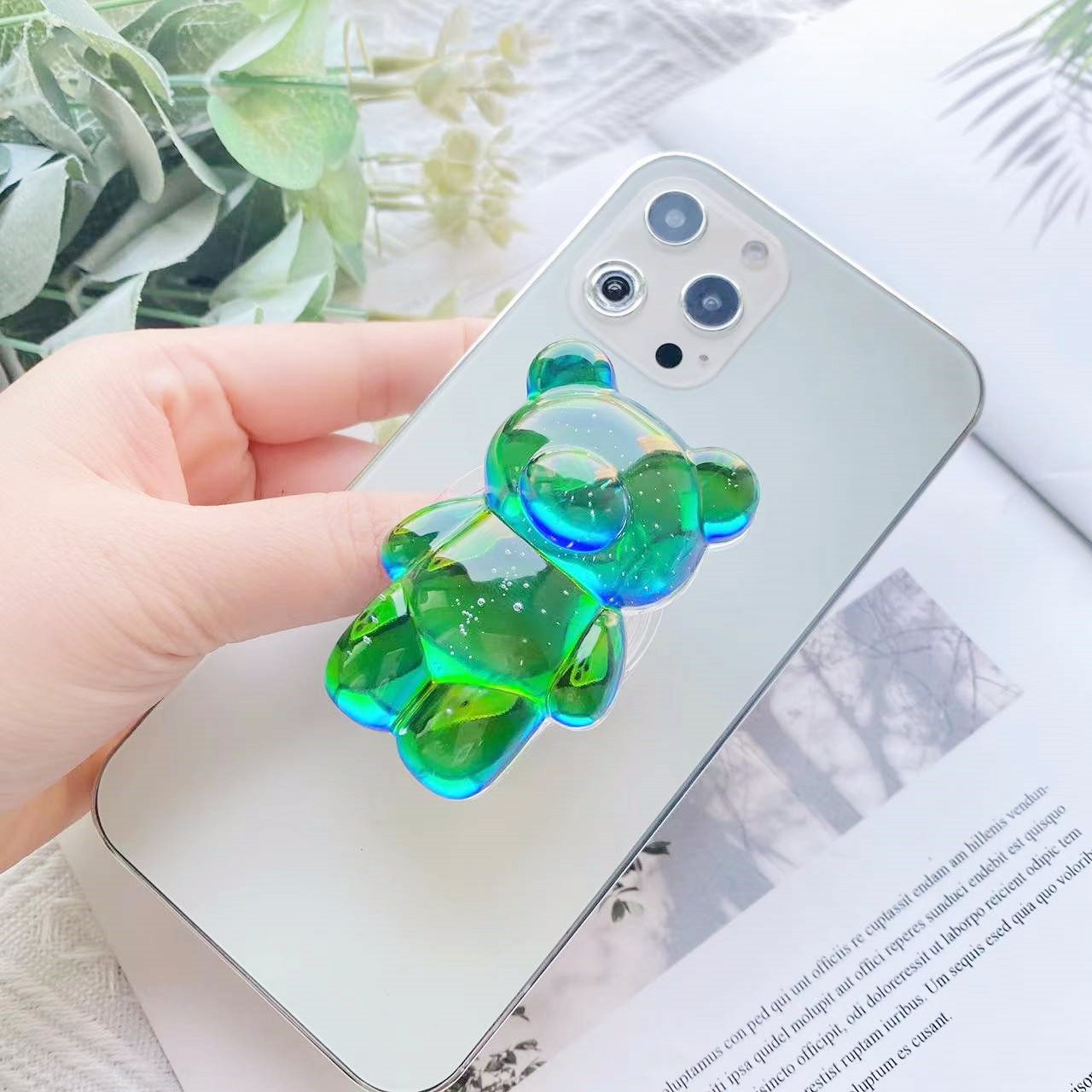 Kawaii Bear Plush Teddy Crystal Chips Resin Silicone Polished Charger Metal Finger Ring Mobile Phone Holder Stand Grip