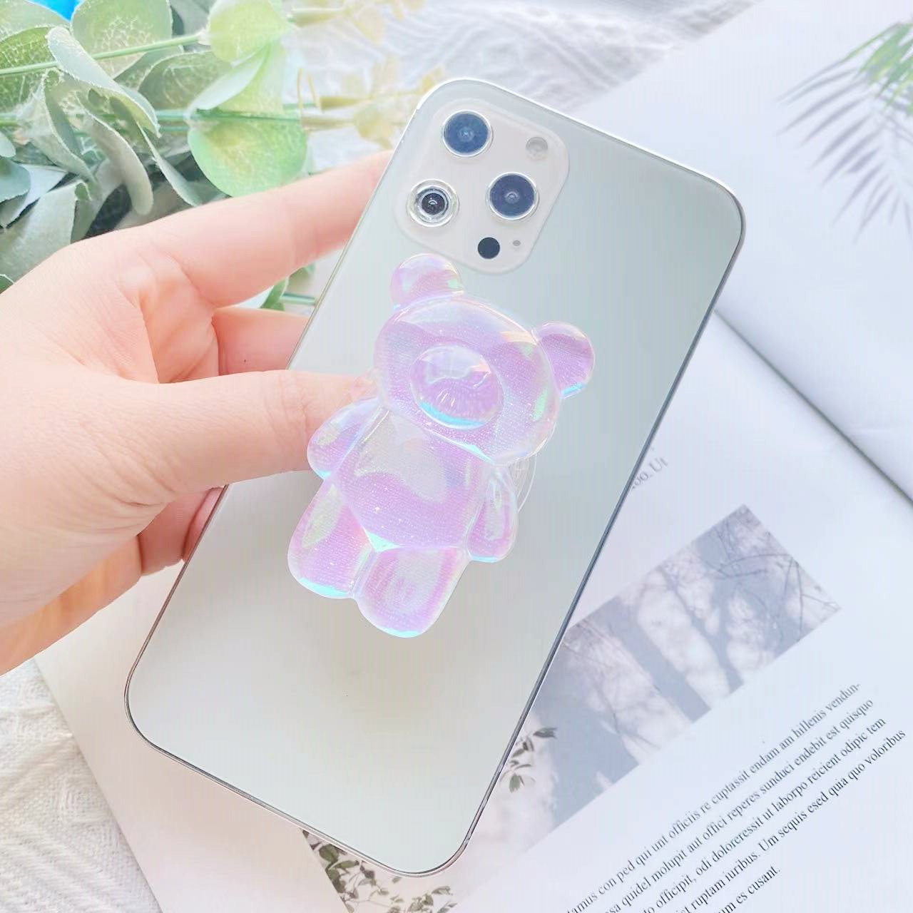 Kawaii Bear Plush Teddy Crystal Chips Resin Silicone Polished Charger Metal Finger Ring Mobile Phone Holder Stand Grip