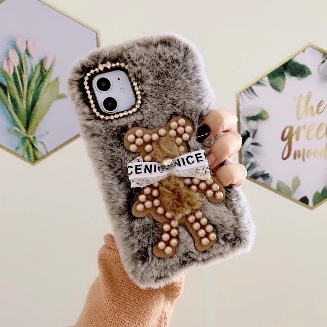 Cute Rabbit Bear Fur Plush Pearl Winter Fluffy Phone Case for iPhone12 12mini 12pro max for Huawei for Xiaomi mobile case cover