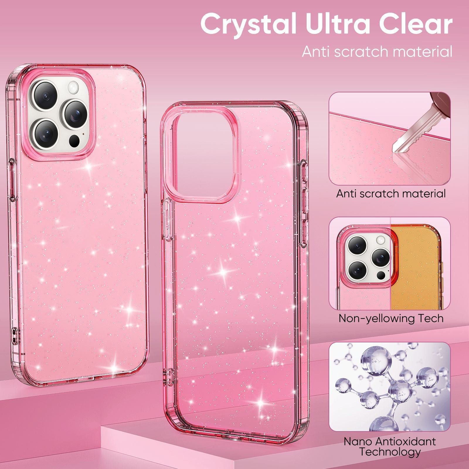 Cute Shiny Bling Mobile Phone Case Cover for iPhone 15 Clear Glitter Cell Phone Cases for iPhone 16 Pro Max Hard Glitter Case