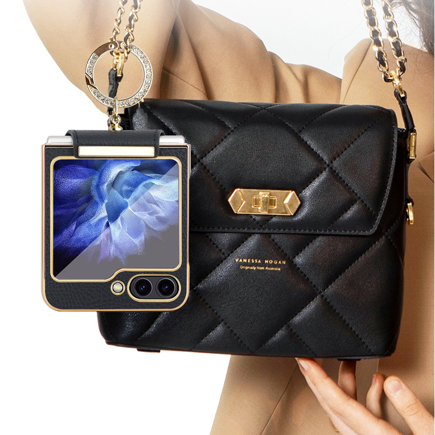 VIETAO Luxury Mobile Phone Cases in Stock Shockproof Phone Film Fashion Leather Gold Black Design for Samsung Z Flip 5 Ring Case