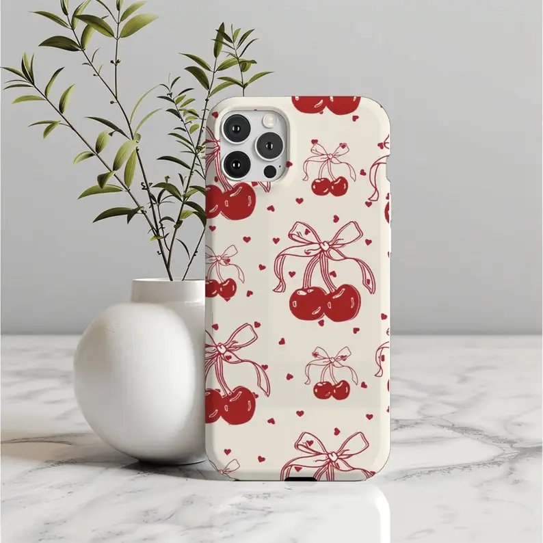 Red Cherries Coquette Trendy Phone Case For IPHONE 15PRO MAX 14 13 12 11 PRO Plus Acrylic TPU Two In One Mobile Phone Cases