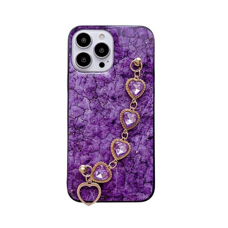 Girly Glossy Marble Grain Warm Color with Love Heart Chain Wrist Bracelet Mobile Phone Cases For Iphone15Pro 13 14promax
