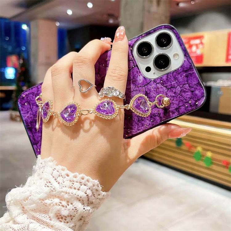 Girly Glossy Marble Grain Warm Color with Love Heart Chain Wrist Bracelet Mobile Phone Cases For Iphone15Pro 13 14promax