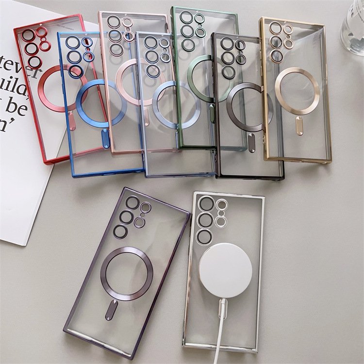 Electroplated magnetic transparent mobile phone case for Samsung S21 S22 S23 S24 Ultra with lens film phone accessories