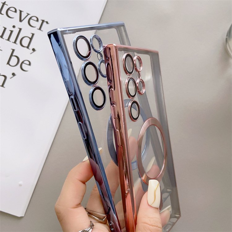Electroplated magnetic transparent mobile phone case for Samsung S21 S22 S23 S24 Ultra with lens film phone accessories