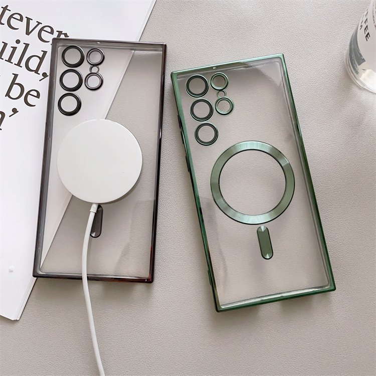 Electroplated magnetic transparent mobile phone case for Samsung S21 S22 S23 S24 Ultra with lens film phone accessories