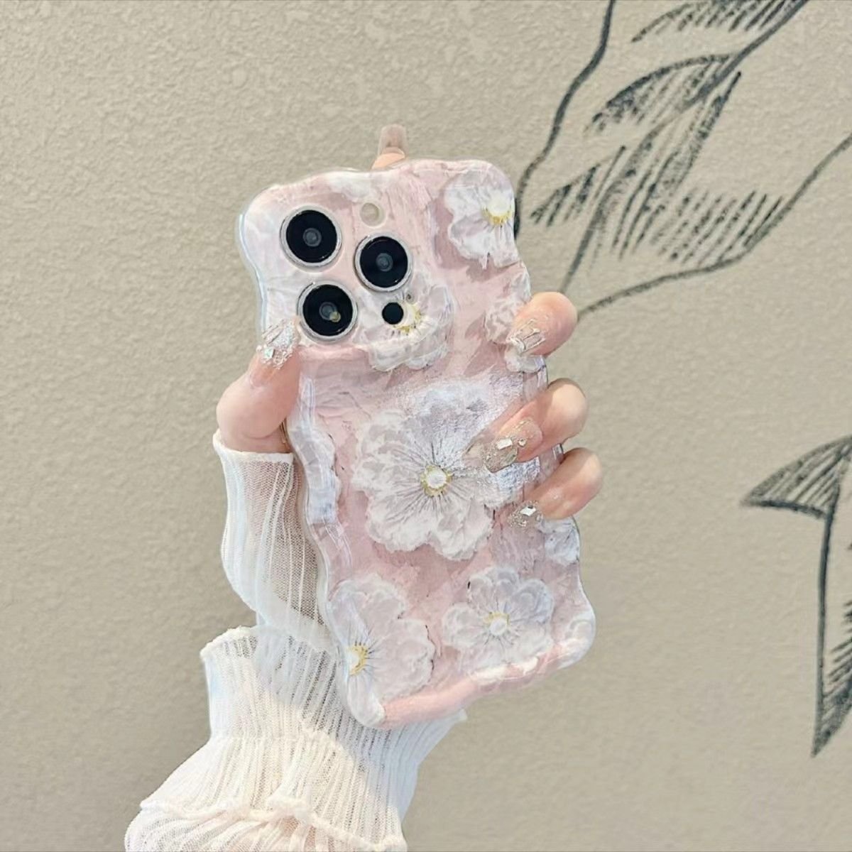 Colorful Oil Painting Printed Flower Glossy IMD Phone Case For iphone 15 14 13 12 11 Pro Max Curly Wave Border Protective Cover