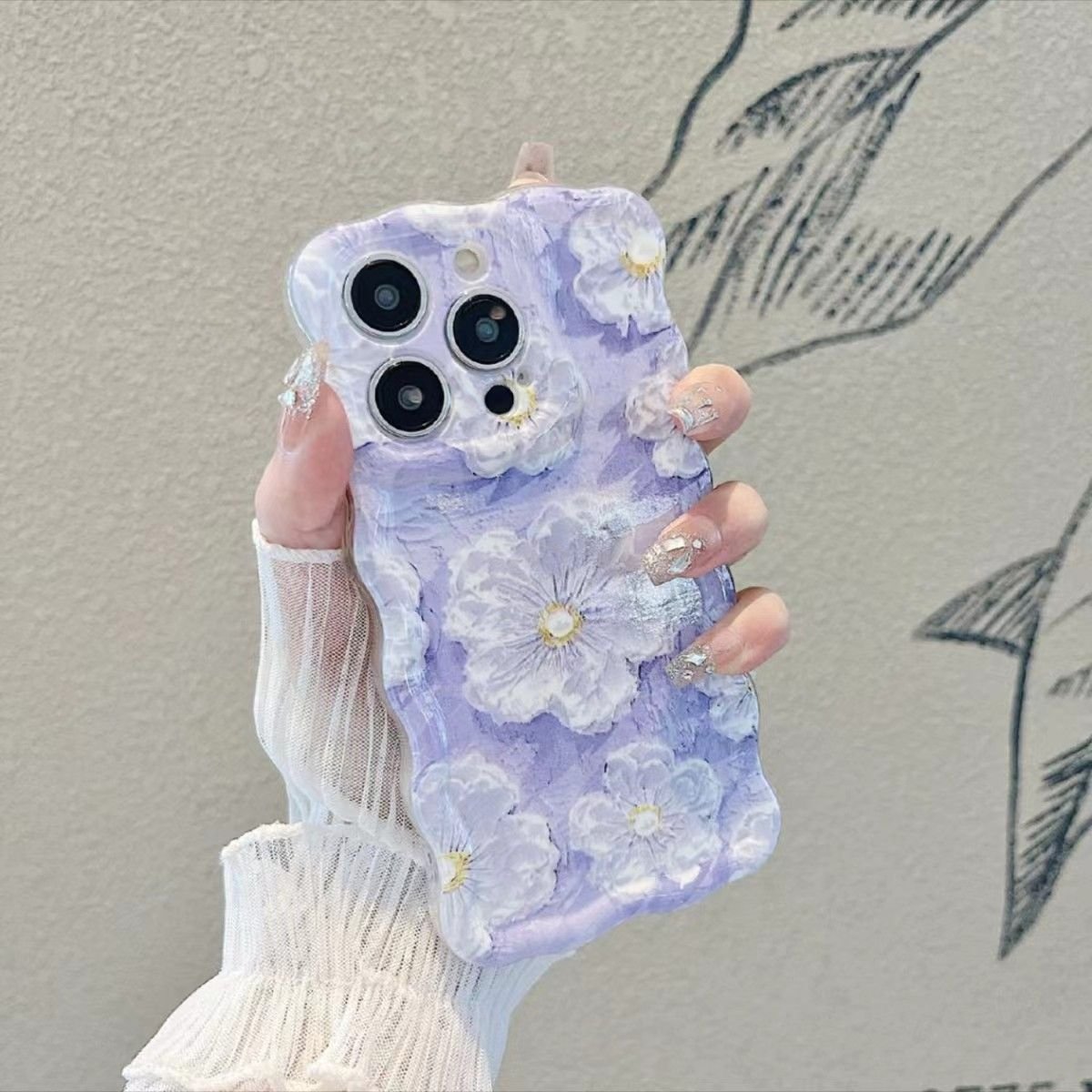 Colorful Oil Painting Printed Flower Glossy IMD Phone Case For iphone 15 14 13 12 11 Pro Max Curly Wave Border Protective Cover