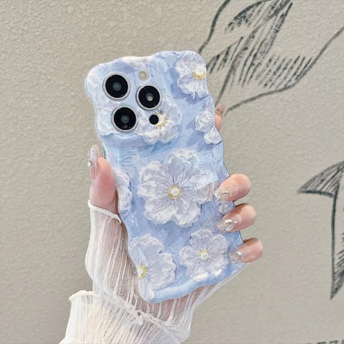 Colorful Oil Painting Printed Flower Glossy IMD Phone Case For iphone 15 14 13 12 11 Pro Max Curly Wave Border Protective Cover
