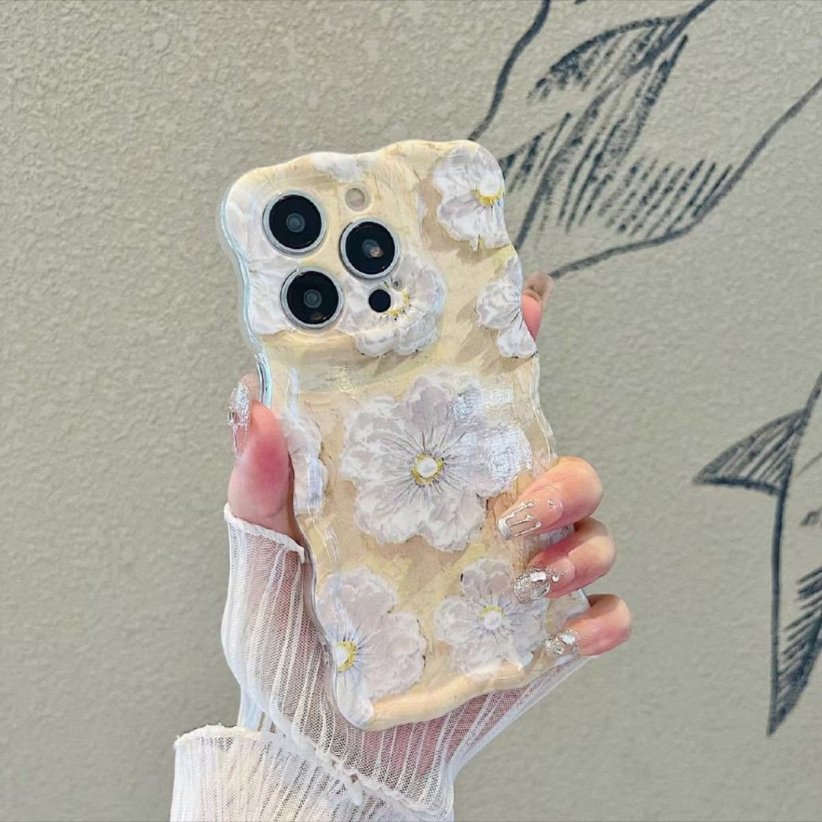 Colorful Oil Painting Printed Flower Glossy IMD Phone Case For iphone 15 14 13 12 11 Pro Max Curly Wave Border Protective Cover