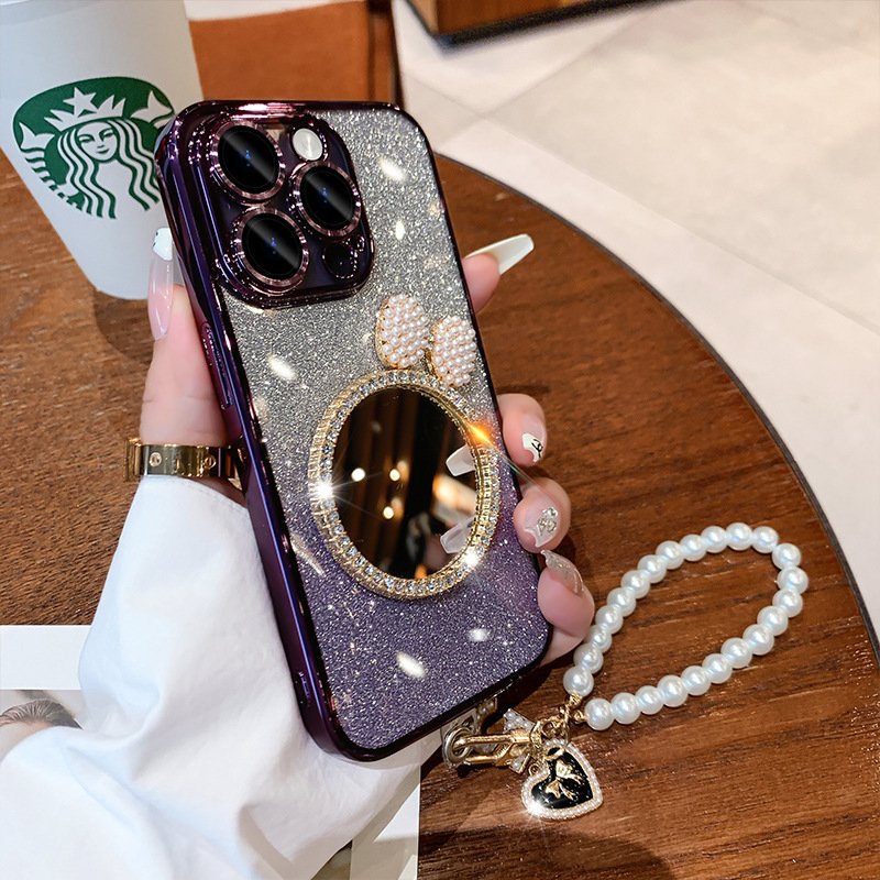 Luxury Gradient Bling Diamond Glitter Makeup Mirror TPU Protective Phone Case For iPhone 15 Pro Max Women mobile phone case