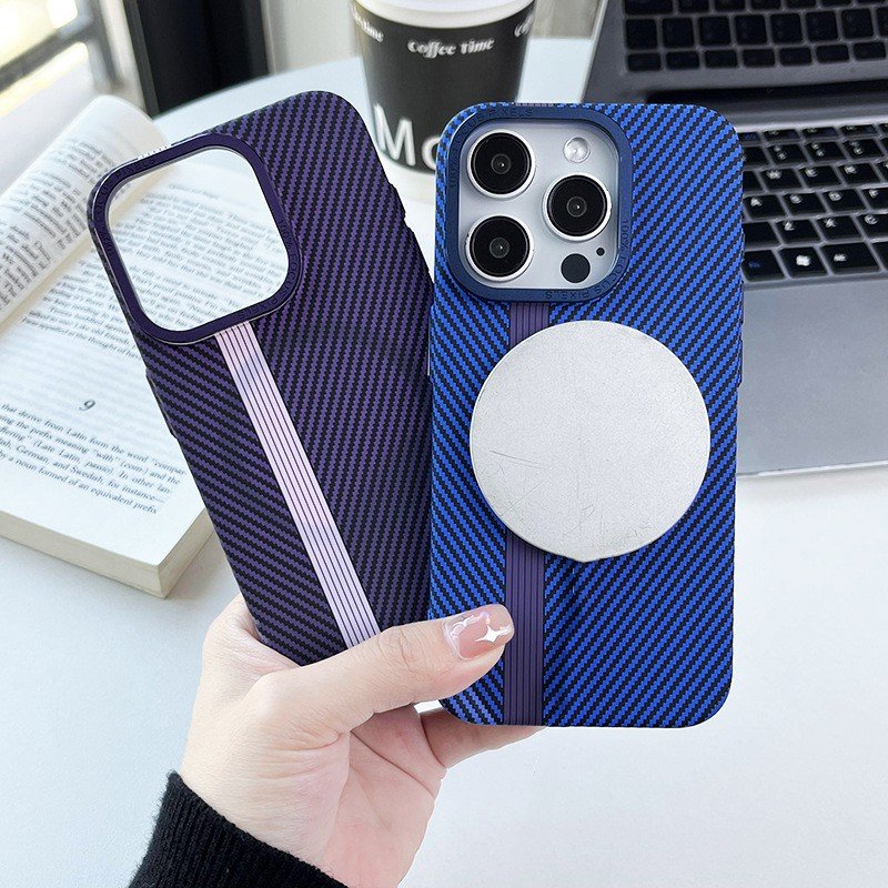 Luxury Metal Camera Frame Heat Pressing Carbon Fiber Stripes Magnetic Shockproof Phone Case For iPhone 14 16 Pro 12 13 15 ProMax