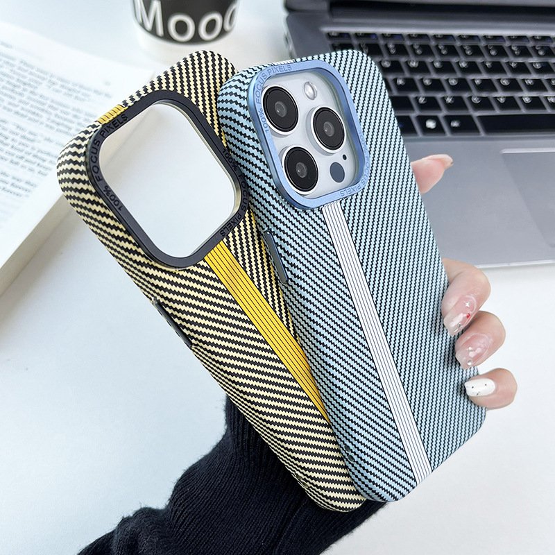 Luxury Metal Camera Frame Heat Pressing Carbon Fiber Stripes Magnetic Shockproof Phone Case For iPhone 14 16 Pro 12 13 15 ProMax