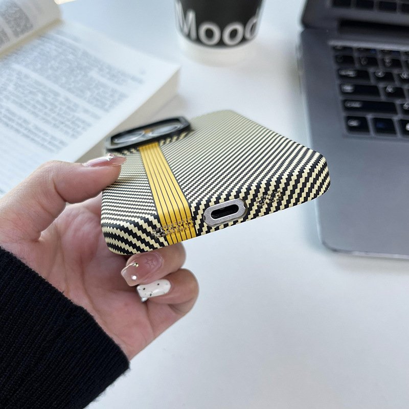 Luxury Metal Camera Frame Heat Pressing Carbon Fiber Stripes Magnetic Shockproof Phone Case For iPhone 14 16 Pro 12 13 15 ProMax