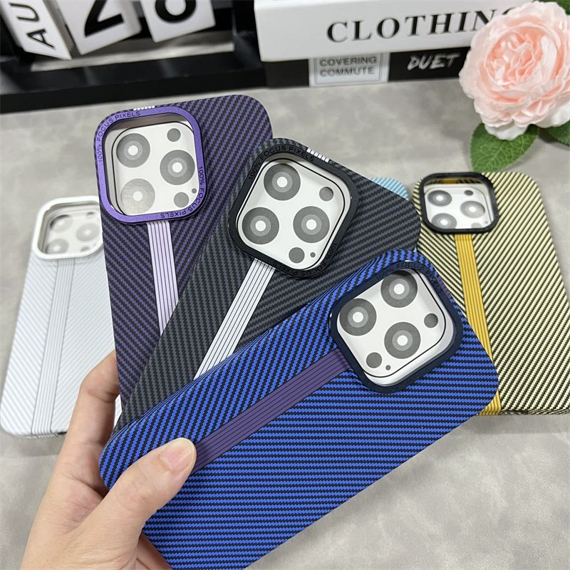 Luxury Metal Camera Frame Heat Pressing Carbon Fiber Stripes Magnetic Shockproof Phone Case For iPhone 14 16 Pro 12 13 15 ProMax