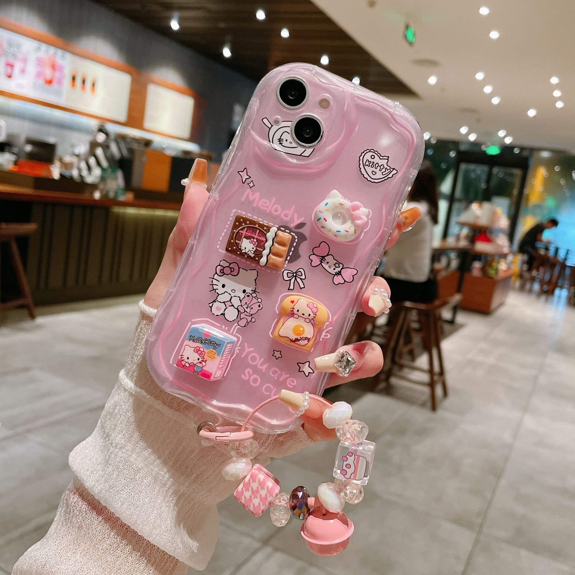 For iPhone 15 13 14 12 Pro max Pink Hello Cute KT Cat Kitty Pendant Mobile Phone Case 3D Wave Cartoon Melody Protective Cover
