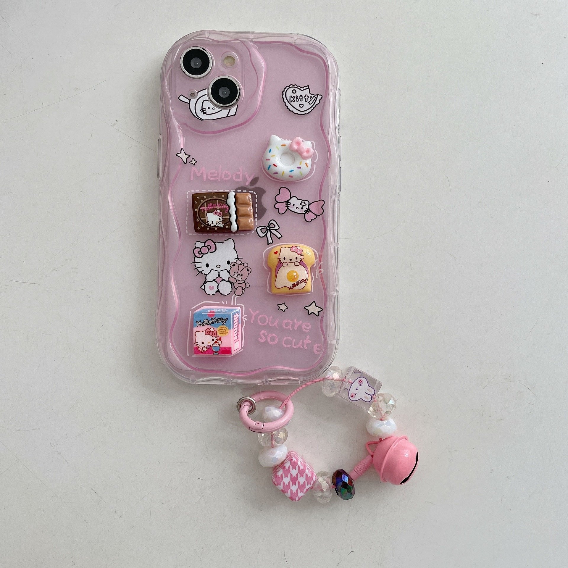 For iPhone 15 13 14 12 Pro max Pink Hello Cute KT Cat Kitty Pendant Mobile Phone Case 3D Wave Cartoon Melody Protective Cover