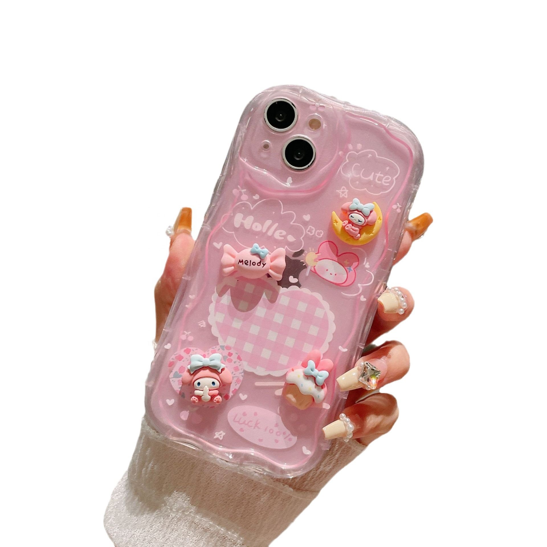 For iPhone 15 13 14 12 Pro max Pink Hello Cute KT Cat Kitty Pendant Mobile Phone Case 3D Wave Cartoon Melody Protective Cover