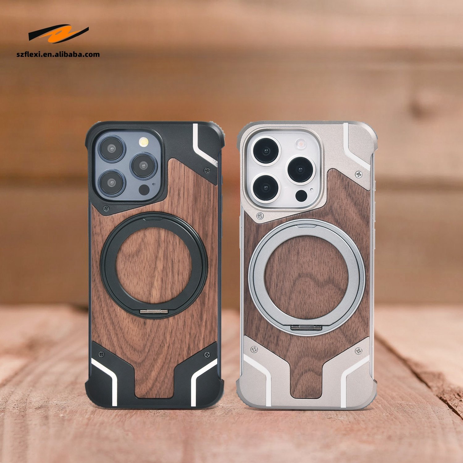 360°Rotating Ring Stand Magnetic Phone Holder Walnut Wood Metal For iPhone 16 Pro Max For Samsung S24 Case Protective cover