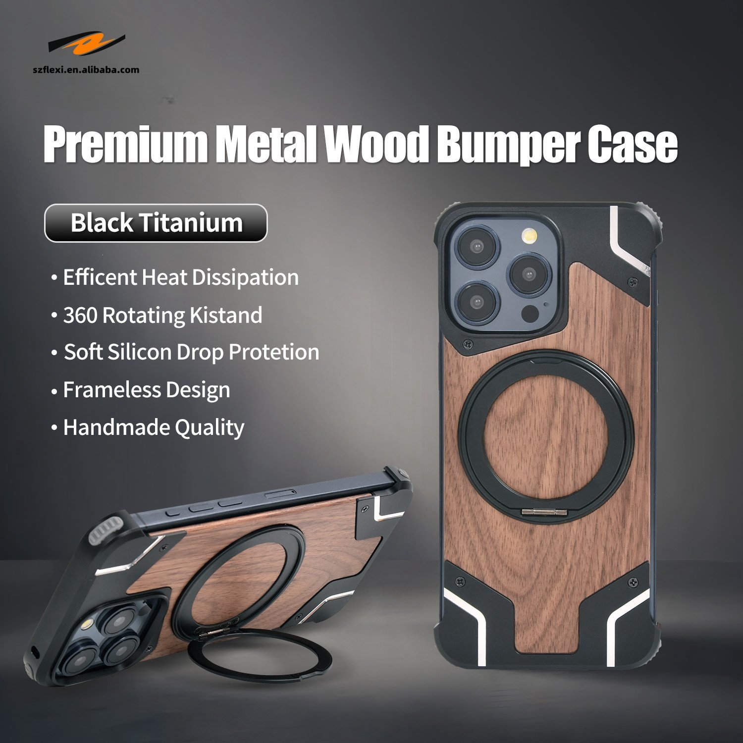 360°Rotating Ring Stand Magnetic Phone Holder Walnut Wood Metal For iPhone 16 Pro Max For Samsung S24 Case Protective cover