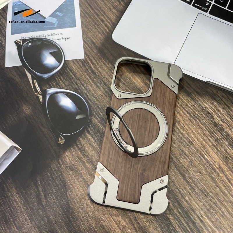 360°Rotating Ring Stand Magnetic Phone Holder Walnut Wood Metal For iPhone 16 Pro Max For Samsung S24 Case Protective cover