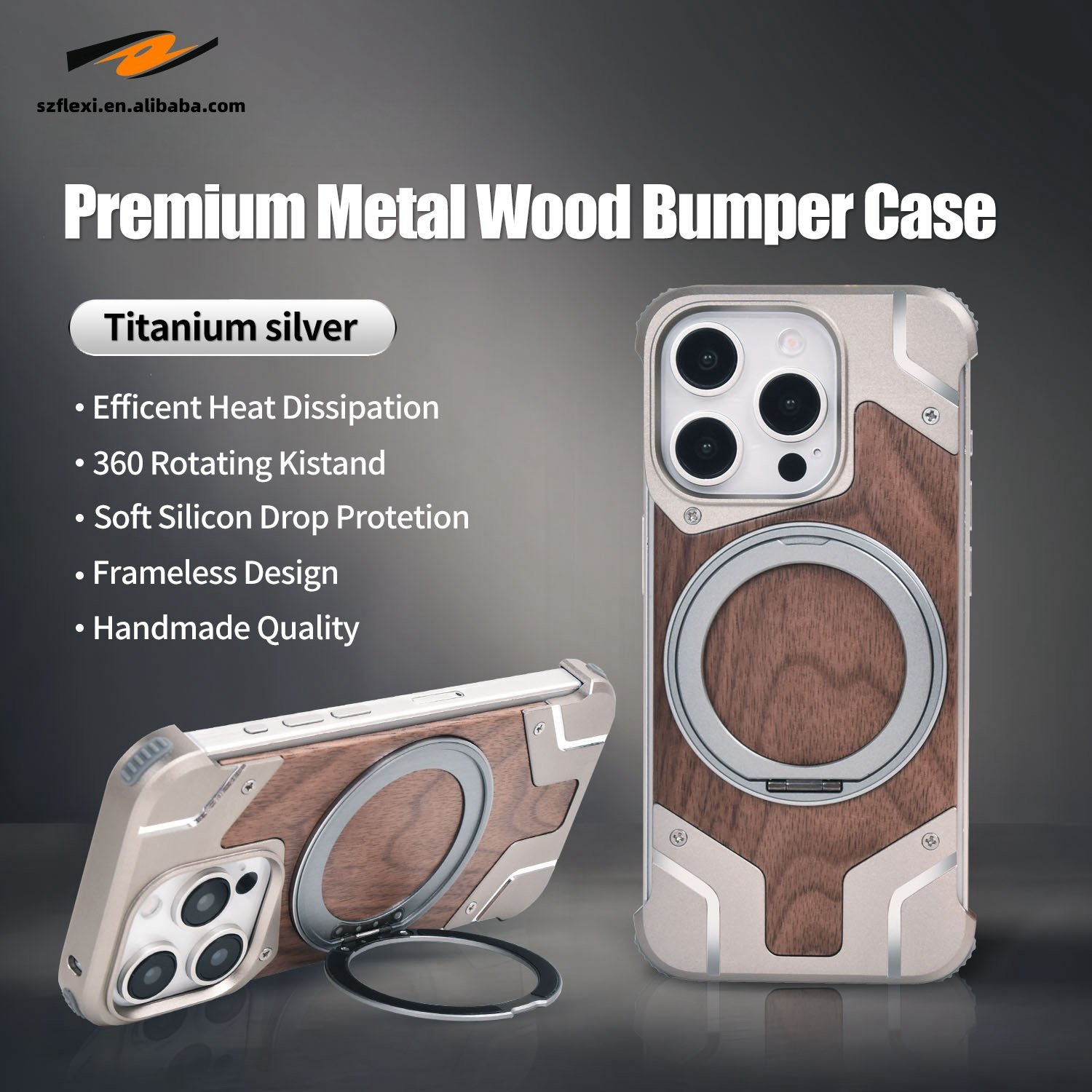 360°Rotating Ring Stand Magnetic Phone Holder Walnut Wood Metal For iPhone 16 Pro Max For Samsung S24 Case Protective cover