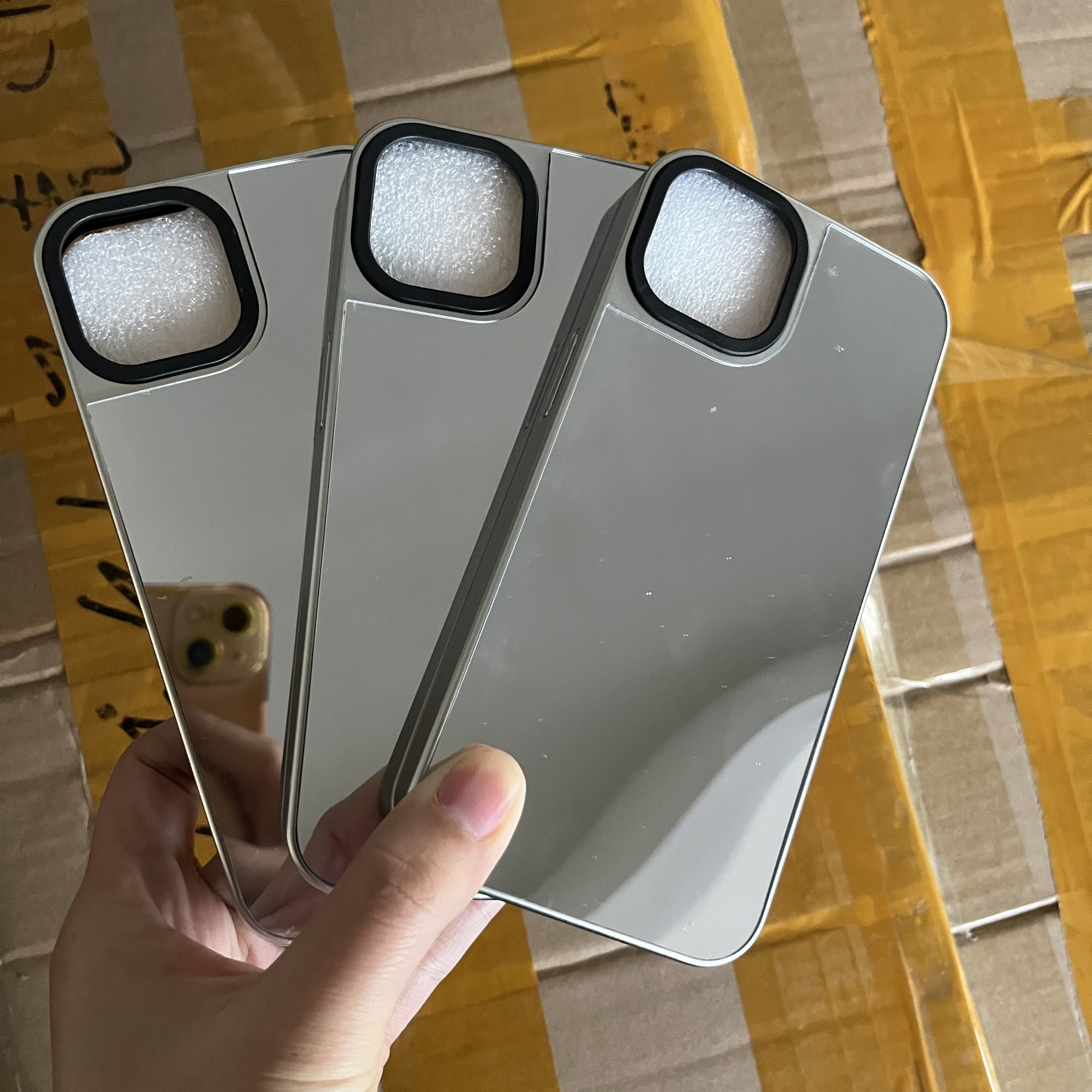 Popular plated silver fluted 2-in-1 case with silver mirror DIY print material mirror mobile phone cover for Iphone 14 15 promax