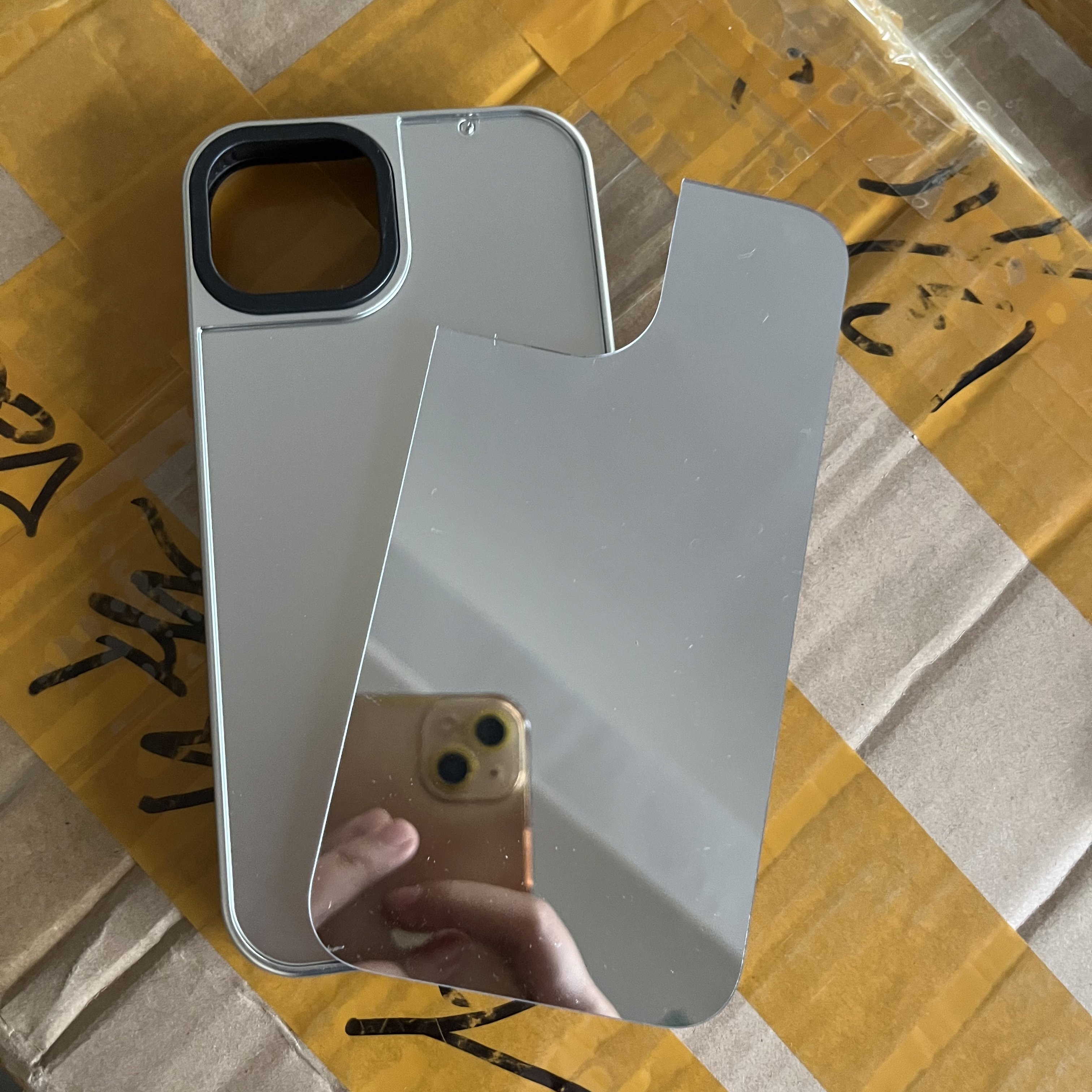 Popular plated silver fluted 2-in-1 case with silver mirror DIY print material mirror mobile phone cover for Iphone 14 15 promax