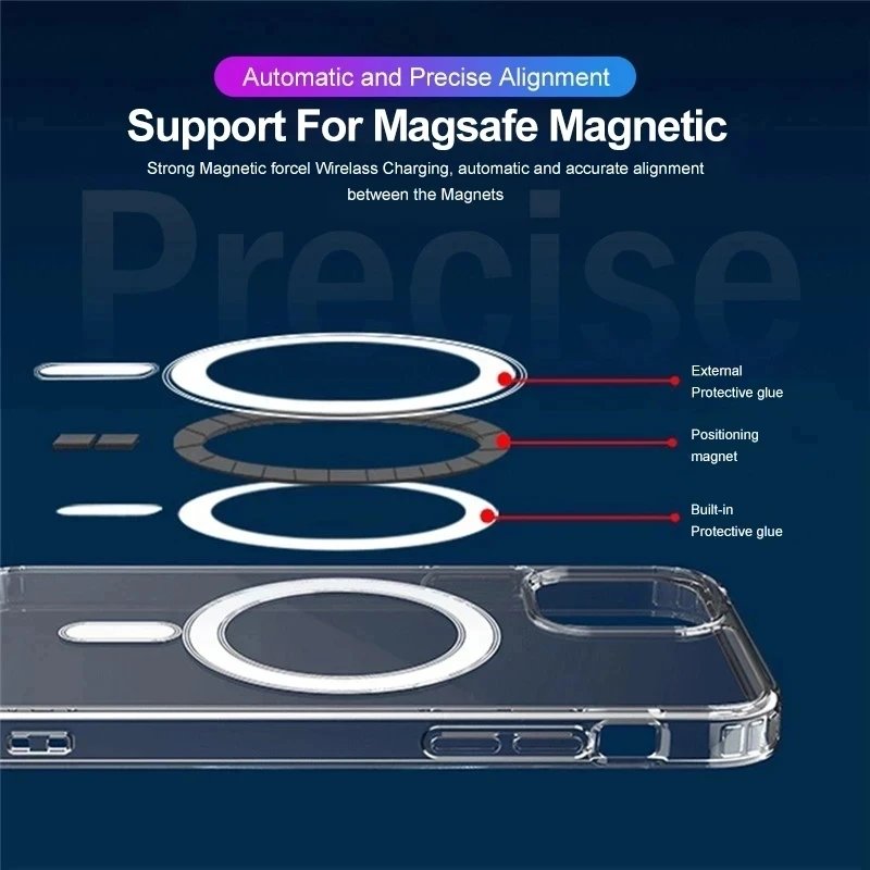 Luxury Wireless Magnetic Case For iPhone 11 12 13 14 15 16 Pro Max Clear Acrylic Silicone Cover for Samsung S23 S24 Plus Ultra