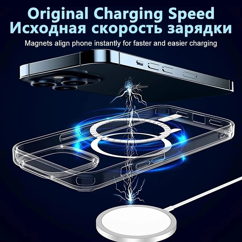 Luxury Wireless Magnetic Case For iPhone 11 12 13 14 15 16 Pro Max Clear Acrylic Silicone Cover for Samsung S23 S24 Plus Ultra
